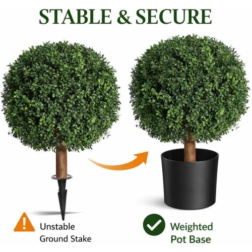 Artificial Boxwood Topiary Trees Set of 2, 26 Tall UV Resistant Real Touch Faux Plants in Pots for Front Porch, Entryway & Patio Decor