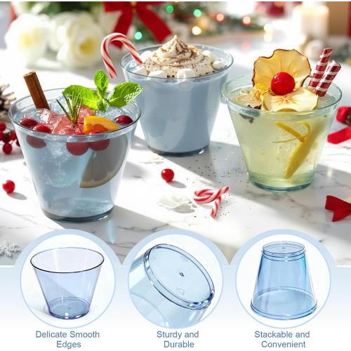 50 Pack Plastic Cups 9 oz Blue Clear Plastic Cups for Cocktail Fancy Disposable Cup for Party Stemless Wine Glasses for Wedding Thanksgiving Christmas Party Graduation