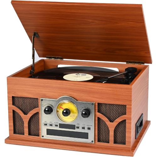 10-in-1 Vinyl Record Player with Built-in Speakers Wireless Playback, CD & Cassette Player, USB Player, AM/FM Radio, 33/45/78 Speed Turntable Mahogany