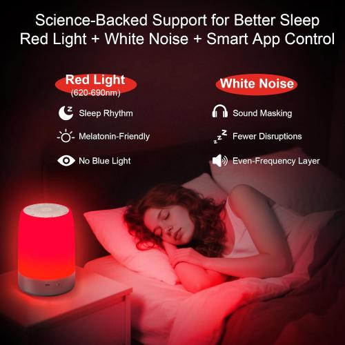 Red Light Sleep Sound Machine – Night Light for Bedroom with 5-Level Red Light Therapy (620–690nm), 32 White Noise & Nature Sounds, Smart App Control, Timer & Wake-Up Alarm Clock