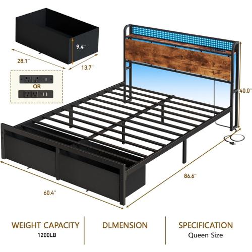 Furnulem Queen Size Bed Frame with Headboard Storage, Platform Bed Frame Queen Size with 2 Drawers, Charging Station and LED Lights, No Box Spring Needed, Noise Free, Easy Assembly (1200 lbs Capacity)