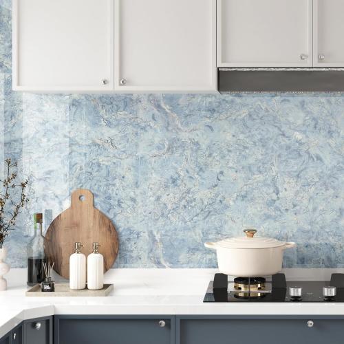 Wallercity Cream Blue Marble Contact Paper for Countertops 24x315 Waterproof Kitchen Wallpaper Peel and Stick Countertops Removable Glossy Granite Marble Wallpaper for Bathroom Table Top Desk Wrap