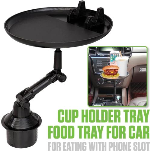 Cellet Cup Holder Tray for Car with Phone Mount – Expandable Base, 360° Rotation Food & Drink Tray with Non-Slip Surface, Adjustable Arm for Eating in Vehicle – Fits Most Standard Car Cup Holders