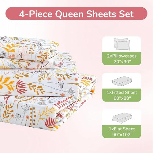 MUXHOMO Queen Size 4 Piece Sheet Set, Soft Breathable Bed Sheet Set for Bedroom with Deep Pocket Up to 16, Wrinkle-Free & Cooling Bedding for Oeko-TEX Certified - Fern Class