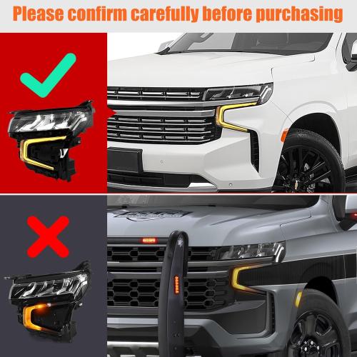 BLACK FIONE Full LED Headlights Assembly Compatible with Chevy Tahoe/Suburban 2021 2022 2023 WITH LED Running Light Factory Headlamps Left Driver Side LH