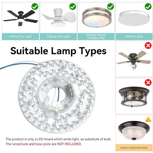 4.92 Ceiling Fan LED Light Board Replacement Upgrade Retrofit Kit Bright Dimmable 120V 18W 3CCT 3000K 4000K 6000K Daylight 1800LM PCB, Magnetic Easy Install in 5min (cover or shade NOT included)