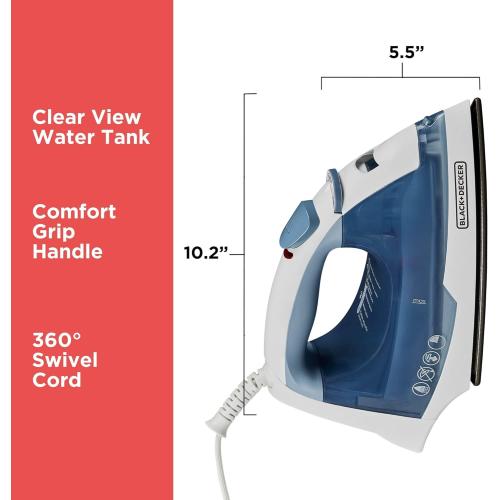 BLACK DECKER Easy Steam Compact Iron for Clothes, Automatic Shutoff, Nonstick Plate, Light Weight, 1200 Watts