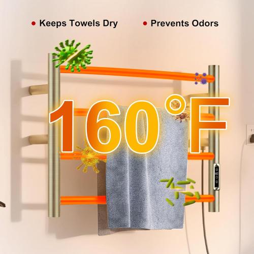Heated Towel Racks for Bathroom, Wall Mounted Electric Towel Warmer Racks with Timer & Temperature Control, 4 Bar Stainless Steel Towel Heater for Bathroom, Brushed Gold, Plug-in