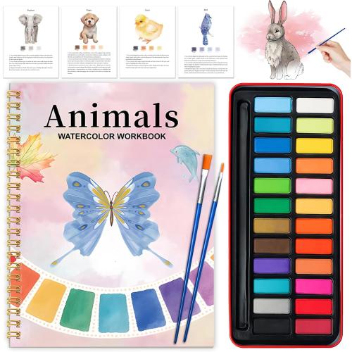 Watercolor Workbook - Coloring Book Beginner Friendly Painting Kit, Watercolor Workbooks for Adults with 24 Colors Paint, Exploration Gift for Adults Teens (Animals)