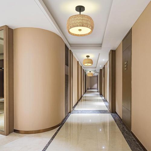 Rattan Pendant Light Kitchen Island,12.8 Hand-woven Modern Semi Flush Mount Ceiling Light Fixture,Boho Woven Lamp Shade Chandelier,Adjustable Farmhouse Hanging Light for Bedroom Bar Hallway