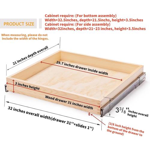 32''W x 21''D x 3''H Pull Out Cabinet Drawer Soft Close Slide Out Wood Organizer for Kitchen, Finished, Bottom and Side Assembly (Wood Drawer Part Width is 31inch)