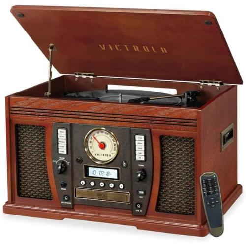 Victrola Aviator 8-in-1 Bluetooth Record Player & Multimedia Center with Built-in Stereo Speakers - 3-Speed Turntable, Vinyl to MP3 Recording, Wireless Music Streaming, Mahogany