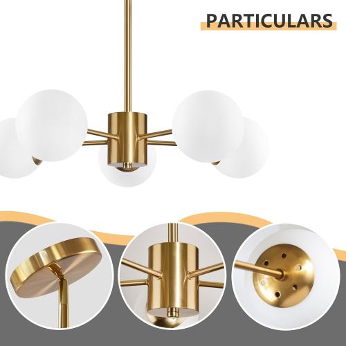 Bagood 5-Light Globe Sputnik Chandelier Mid Century Sputnik Chandeliers Modern Gold Globe Pendant Light Brushed Brass Finished with White Frosted Glass Lampshade for Dining Room Bedroom Kitchen
