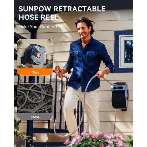 Black Grey and Orange SUNPOW Retractable Garden Hose Reel - 1/2 inch x 50ft Wall Mounted Hose Reel with 3/4 inch Brass Fitting & 10 Function Sprayer Nozzle - Any Length Lock, Auto Rewind System, 180°Swivel Bracket - Grey