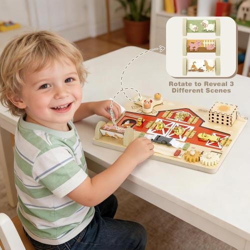Joyreal Wooden Montessori Busy Board with Music Box for Toddlers | Farm Theme Sensory Activity Board, Fine Motor Skills Travel Toy, Educational Learning Toy, Birthday Christmas Gift