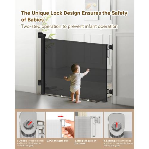 Extra Wide Baby Gate - 71 inch Retractable Mesh Gates for Large Opening, Extra Long Mesh Gate for Babies, Dogs, Baby Gate Anti-Crawling Hook for Stairs Hallways Doorway Indoor Outdoor, Black