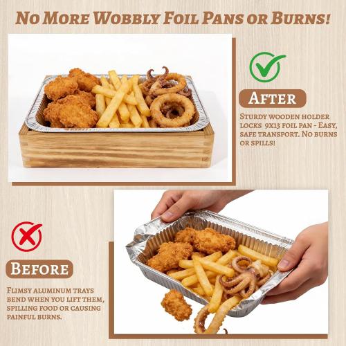 Tnstbiee 3-Pack Wooden Holders for 9x13 Foil Pans - Includes 3 Disposable Aluminum Foil Pans - Rustic Handcrafted Food Carrier - Perfect for Parties, Catering & Home Kitchen - Foil Tray Display Stand‼️ 3 wooden trays & 3 foil plans included (1 foil pan bent on edge) ‼️