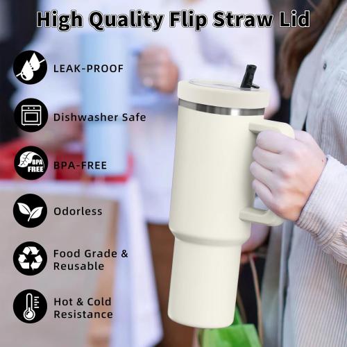Tcamp 40 oz Flip Straw Leak Proof Lid for Stanley Quencher H2.0, Silicone Tumbler Replacement Lid for Stanley Cup Accessories, Spill Proof Straw Cover for Tumbler Accessories(Cream White)