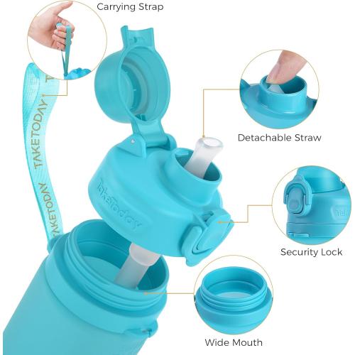 TakeToday Collapsible Water Bottles 20oz (600mL), Foldable Platinum Silicone Travel Water Bottle with Straw & Carry Strap, Leak-Resistant Screw Lid, Wide Mouth, BPA-Free for Hiking, Camping, Travel