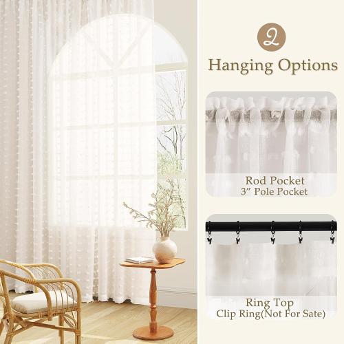 Guken Beige Sheer Curtains 84 Inch Length 2 Panels Sets for Living Room Bedroom 38 Inch Width Farmhouse Boho Drapes Light Filtering Pom Pom Curtains Tufted Semi Sheer Rod Pocket,Nature,W38xL84