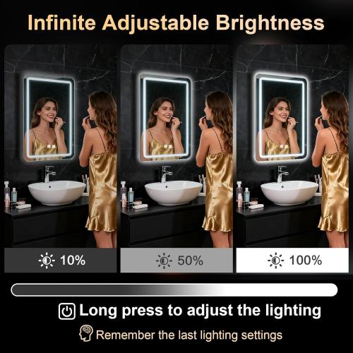 LED Bathroom Mirror, 16 x 24 Inch Anti-Fog Wall Mirror with Lights Stepless Dimmable, Lighted Bathroom Mirrors for Wall, Rectangle Bathroom Vanity Mirror with Front and Backlight, Vertically Only