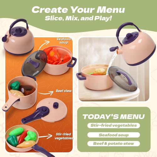 CUTE STONE 51-Piece Mini Play Kitchen Accessories for Kids, Pretend Cooking Playset with Pots, Pans, Utensils, Cutting Fun Fruits & Veggies, Learning Gift for Toddlers, Girls & Boys