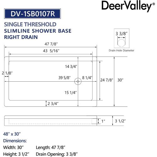 Shower Base in White with Single Threshold, Right Drain Location, Rectangle Acrylic Alcove Shower Pan for Bathroom, Non-slip