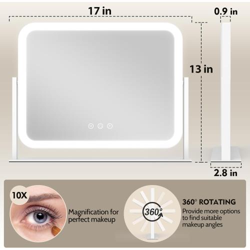 ROLOVE Lighted Makeup Mirror, 17x13 Vanity Mirror with Lights, 10X Magnification, Gifts for Women, 3 Color Lighting Modes, Smart Touch Control, 360° Rotation for Bedroom or Tabletop (White)