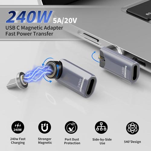 USB C Magnetic Adapter 240W(2Pack),Rotating 360° 180 Degree Magnetic Type C Port Adapter,9PIN Fast Charging for iPhone 17/16/15,MacBook Pro/Air, iPad Series, Switch,Samsung Galaxy,PS5,PSVR2 Gray