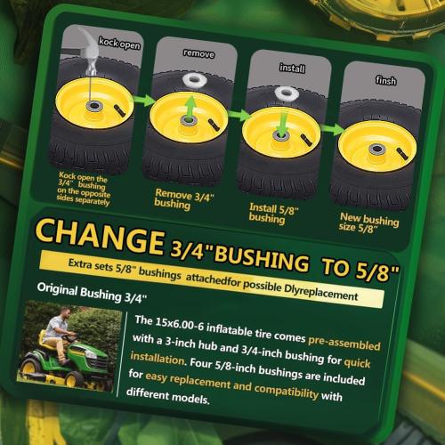 15x6.00-6 Tire and Wheel Assembly (2 Pack),Replacement Riding Lawn Mower Front Tires - With 3 Centered Hub and 3/4 Bushings (Extra 5/8 Bushings)