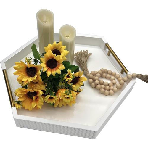 Serving Tray with Polished Metal Handles, Hexagon Coffee Table Tray, Modern Rectangle Decorative Tray, Large Ottoman Tray, Perfect for Storage and Display (White Hexagon)