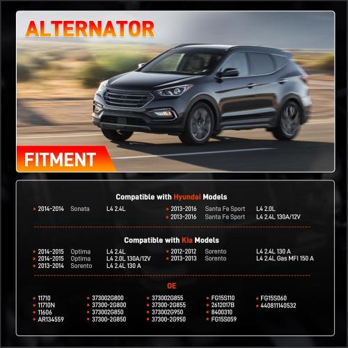 Alternator 12V 150A Compatible with Kia Optima 2014-2015 Sorento 2012-2014 Hyundai Sonata 2014 Santa Fe Sport 2013-2016 L4 2.0L 2.4L Replace# 37300-2G800 37300-2G850 37300-2G855 37300-2G950