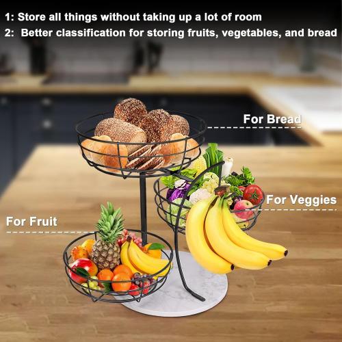 Livabber Fruit Basket Bowl with Banana Hanger, Metal Fruit Vegetable Storage Basket with Banana Holder for Kitchen Counter, Detachable Organizer for Bread Snack Produce (Black, 3-Tier Marble Base)