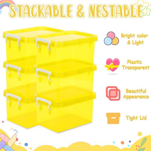 6 Pack 4 Quart Colorful Plastic Storage Bins with Lids Stackable Storage Bins with Latching Lids Handle Clear Colored Storage Organizer Bins for Home Office Pantry Containers(Yellow)