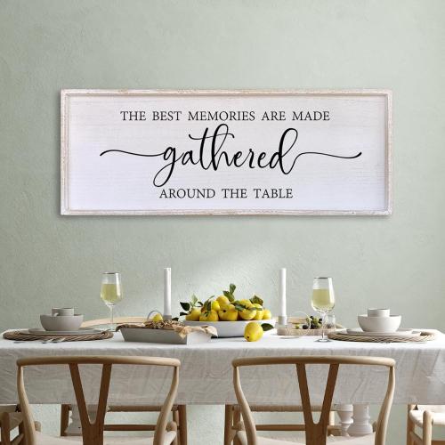 The Best Memories Are Made Gathered Around The Table Wall Decor 40x15 Large Rustic Farmhouse Dining Room Wood Framed Modren Signs Kitchen Home Simple Hanging Wall Art (White)
