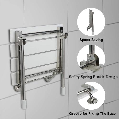 Folding Shower Seat Wall Mounted with Legs, Foldable Shower Chair for Inside Shower, Fold Down Shower Bench for Seniors (White, Fixed Height)