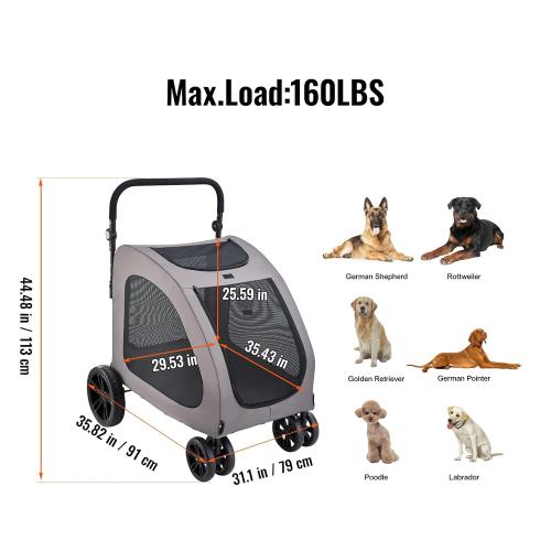 VEVOR Pet Stroller, 4 Wheels Dog Carrier with Brakes, 160lbs Weight Capacity, Portable Puppy Travel Strollers with Breathable Mesh Windows & Height-Adjustable, for Cats & Dogs