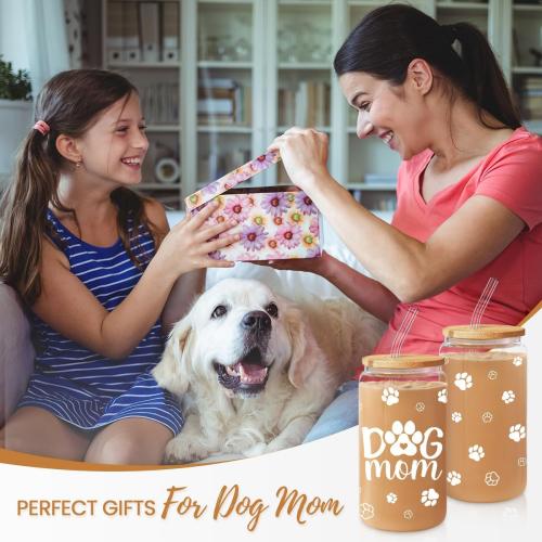 SANDJEST Dog Mom Cup 16 Oz Can Glass Coffee Mug with Bamboo Lid & Straw - Dog Lover Gifts for Women - Dog Mom Gift for Birthday Mothers Day