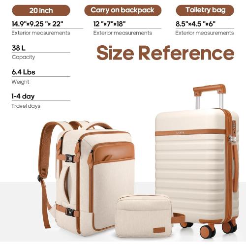 UKEIN Luggage Sets 3 Piece, Carry On Luggage 20In With Spinner Wheels,PC Hardside Suitcase Set with TSA Lock,Durable Carry On Suitcase With Travel Backpack for Men (Beige, 3 piece set (20inch))