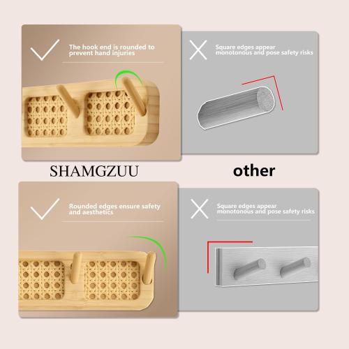 Coat Rack Wall Mount, Rattan Coat Hooks Hanger Wall Mounted, 6 Heavy Duty Bamboo Hooks Rack Rail for Hanging Clothes Hats Bags Robes Towels Plants, White (Natural)