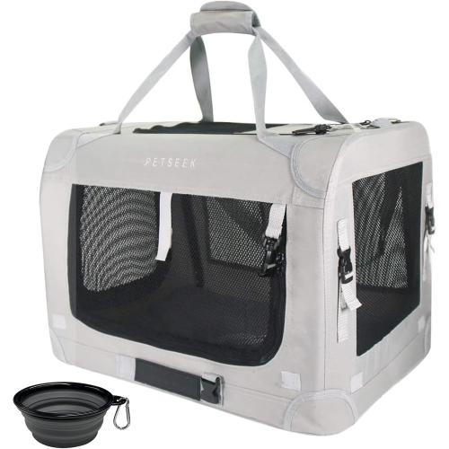 Extra Large Cat Carrier Soft Sided, Portable Small Dog Carrier for 2 Cats, 24x16.5x16 Car Travel Folding Comfortable Design with Bowl, Grey