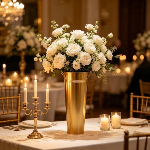 Hosley Set of 2 Gold Metal French Bucket with Handles & PVC Liner, 6 Dia x 15 H for Weddings, Parties, Country Picnics, Floral Arrangements, Tableware Storage, or Gardens - Rustic Farmhouse Décor