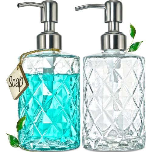 JASAI 2Pack Diamond Embossed Glass Soap Dispenser with 304 Rustproof Stainless Steel Pump, 12 OZ Bathroom soap Dispenser with A Wooden Tag, Elegant Hand Soap Dispenser for Bathroom & Kitchen