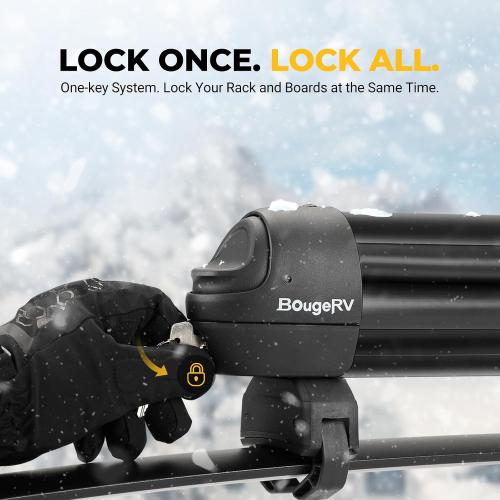 BougeRV Lockable Ski & Snowboard Racks, Extension with Sliding Feature, 28'' Fits 6 Pairs Skis or 4 Snowboards, Crab Mounting System Fits for Square/Aero/Oval Cross Bars