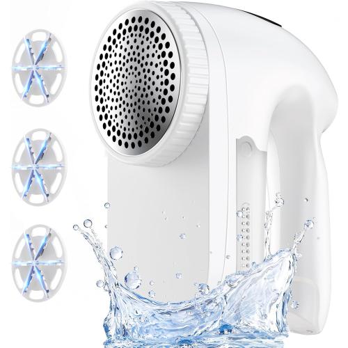 IPX6 Waterproof Washable Electric Fabric Shaver and Lint Remover, Rechargeable Sweater Defuzzer with 3 Free Extra Blades, Quickly and Effectively Remove Fluff, Fuzz, Bobbles for Clothes, White