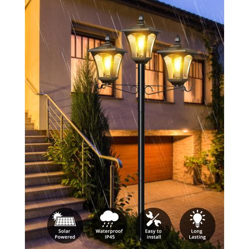 3-Head Solar Lamp Post Light, 77 Metal Outdoor Lamp Post, 200 Lumens Waterproof Solar Outdoor Lights for Garden Driveway Backyard Porch Lawn