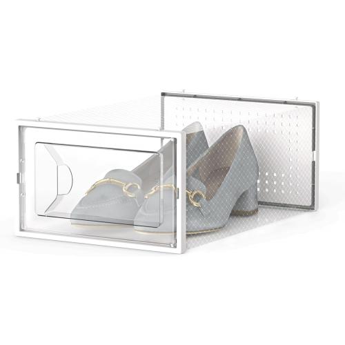 Kuject 15 Pack Shoe Storage Boxes, Large Clear Plastic Stackable Shoe Organizer for Closet, Connect Left and Right Shoe Boxes Case Container Bin for Entryway, Drop Front, Fit for Size 10(White)