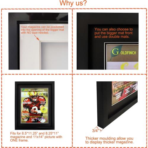 Goldfinch 4 Packs Sports Magazine Frame Displays Magazines Measuring 8.5 x 11.25 or 8.25 x 11 inches with Double Black Core Matting, Deep Frame Moulding, with Installed Hangers