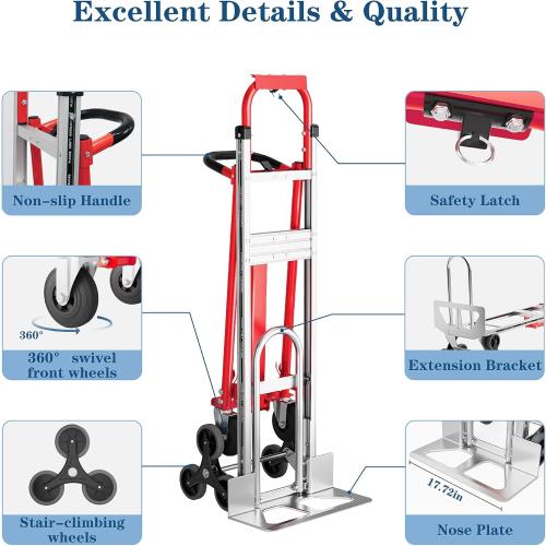 Convertible Hand Truck -1,000 lb Heavy-Duty Aluminum & Steel Dolly, 3-in-1 Mode with Stair-Climbing Wheels & 5 Swivel Casters for Warehouse, Moving, Delivery
