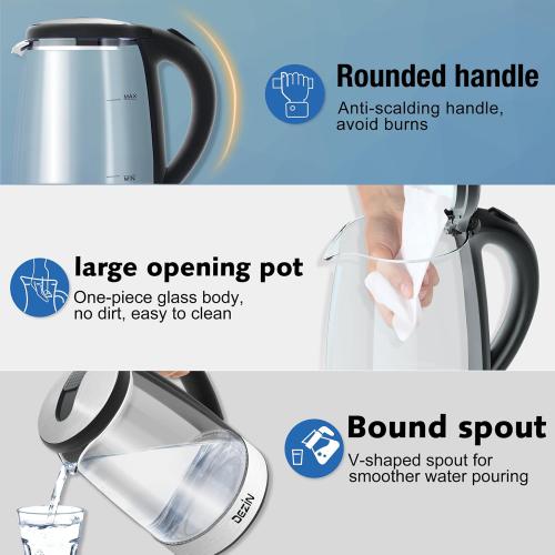 Dezin Electric Kettle, BPA-Free 2L Electric Water Heater, Glass Electric Tea Kettle, 304 Stainless Steel Hot Water Kettle Warmer with Fast Boil, Auto Shut-Off & Boil Dry Protection, for Coffee, Tea